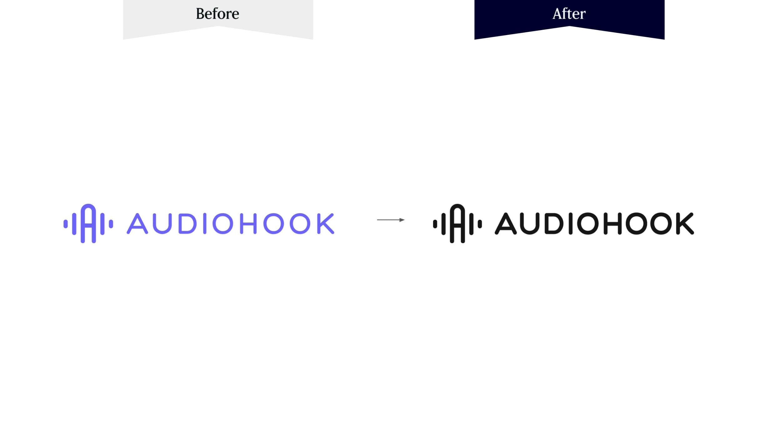 Audiohook brand identity. Before and after the rebrand.